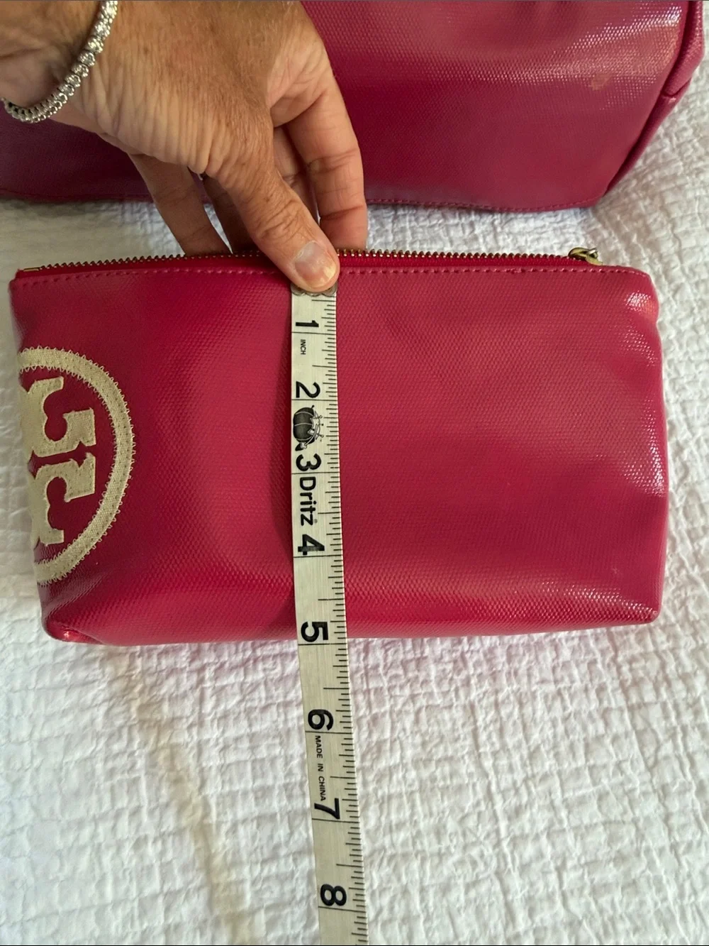 Tory Burch Set Red and Cream Canvas Tote with Patent Trim & Make up bag